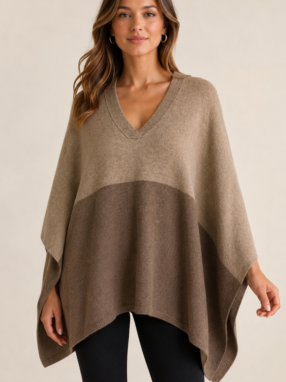 Halogen Cashmere Lined Color Block Poncho Cape One Size Beige Brown